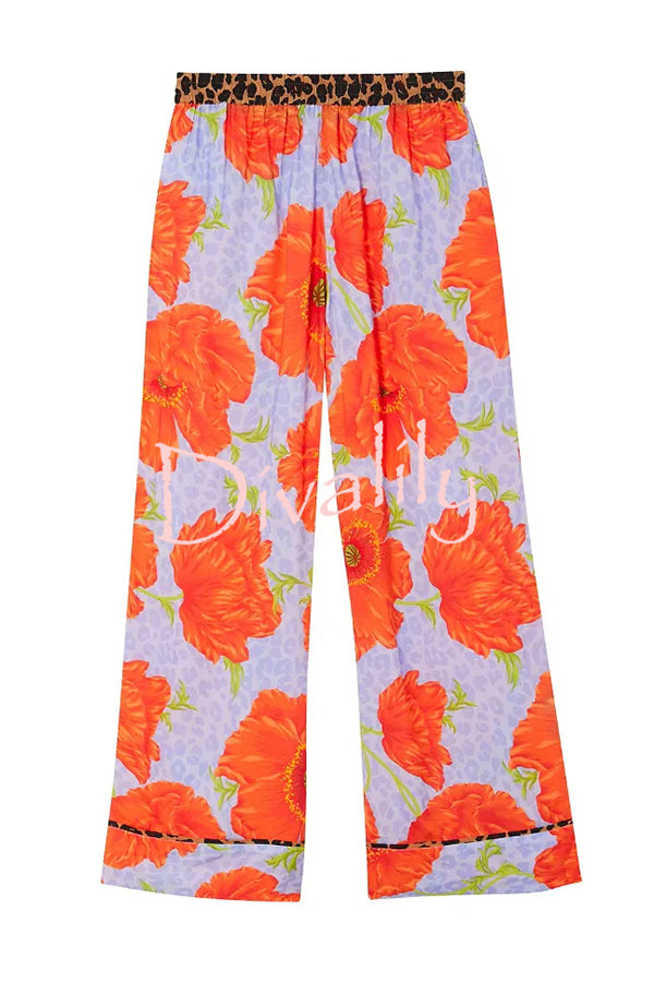 Color-block Poppy Leopard Print Trim Loose Shirt and Elastic Waist Pocketed Pajama Set