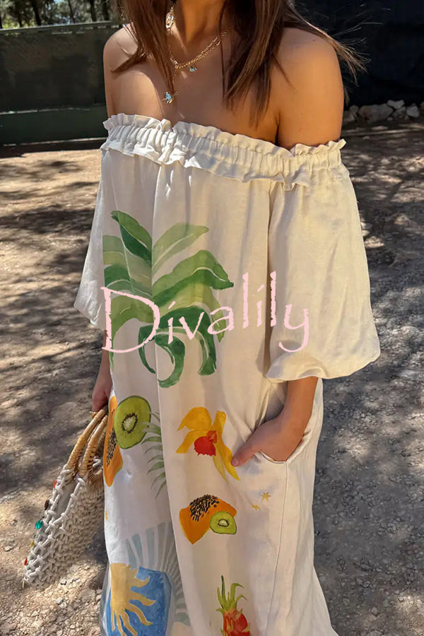 Sunveil Linen Blend Unique Print Puff Sleeve Pocket Strapless Maxi Dress