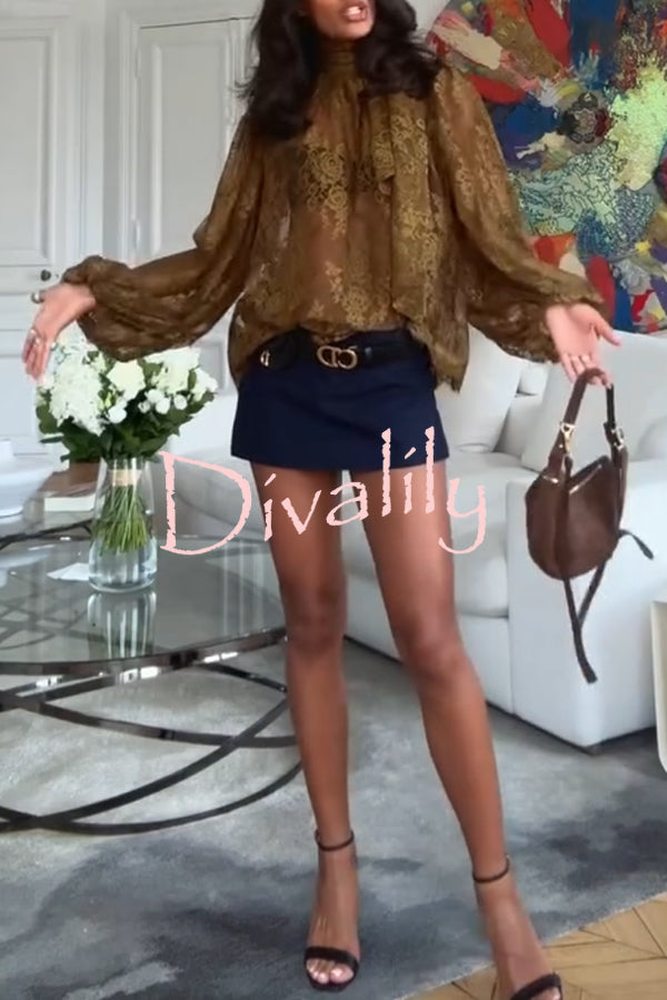 Reigna Semi-sheer Floral Lace Bow Neck Balloon Sleeve Loose Blouse