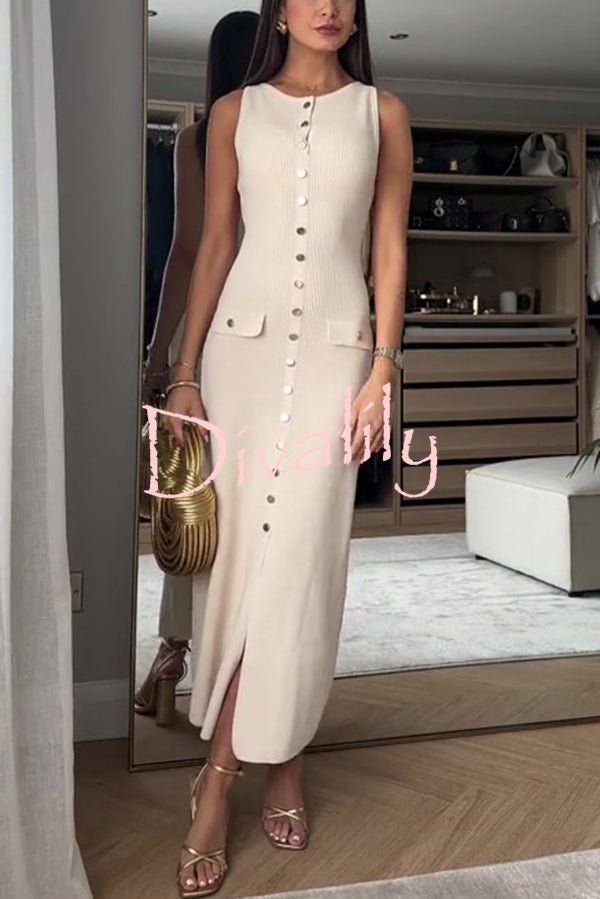 Solid Color Slim Fit Crew Neck Button Up Sleeveless Knitted Maxi Dress