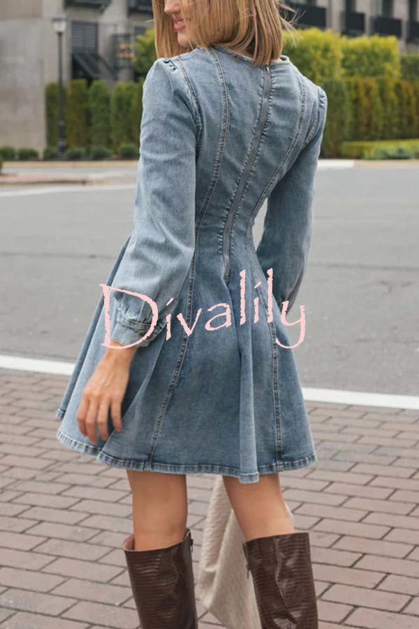 Fade Into You Denim Princess Line Back Zipper Flare Stretch Mini Dress