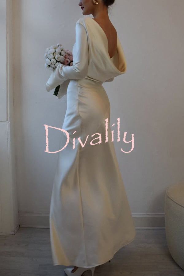 Satin Elegant Long-sleeved Open-back Slim-fit Slit Maxi Dress