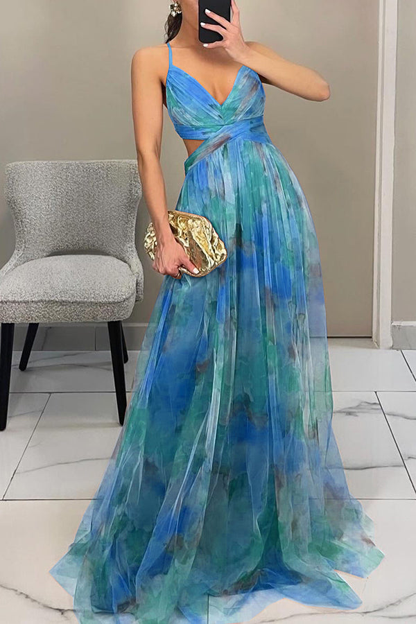 Giselle Tulle Render Floral Print Cutout Waist Back Lace-up Maxi Dress