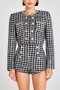 Remy Check Bouclé-tweed Fabric Pearl Trim Gold Button Long Sleeve Jacket