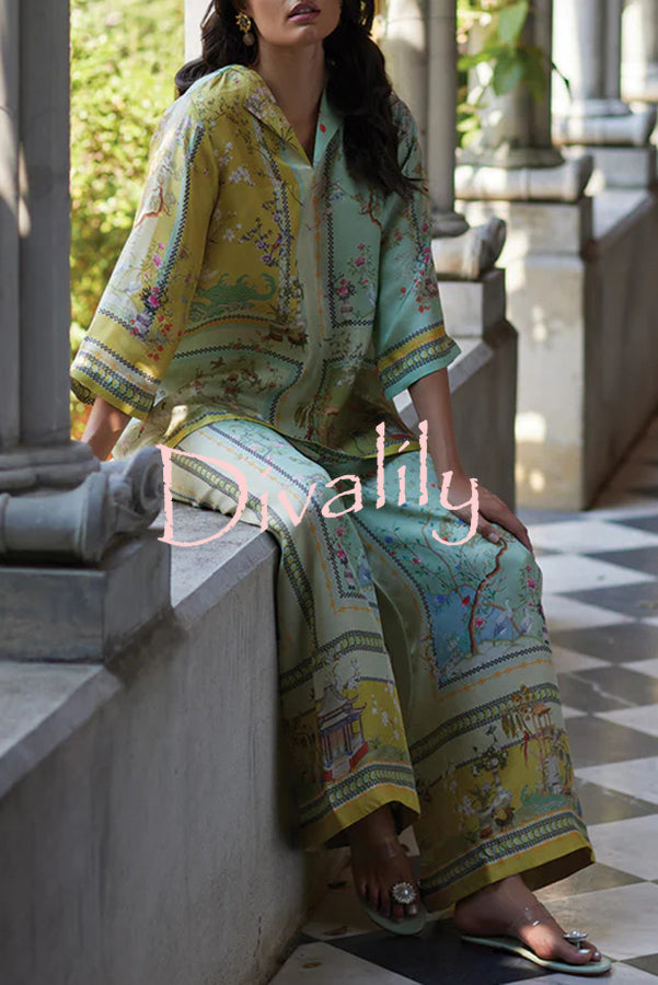 Elonie Satin Floral Print V-neck Half Sleeve Top and Elastic Waist Wide Leg Pants Set
