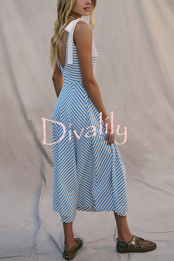 Striped Print V-Neck Lace-Up Backless Holiday Midi Dress