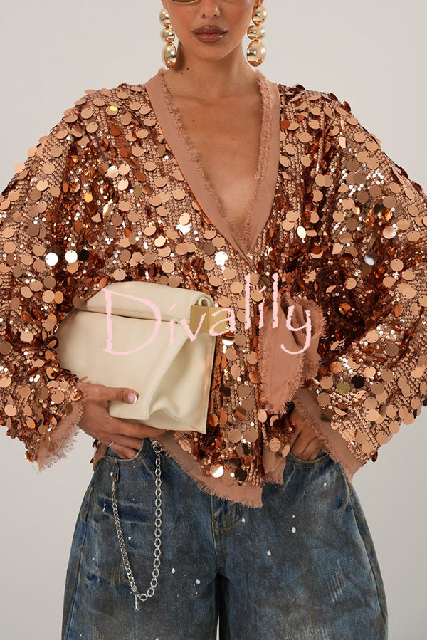 Fashion Sequined Long-sleeved V-neck Loose Lace-up Cardigan
