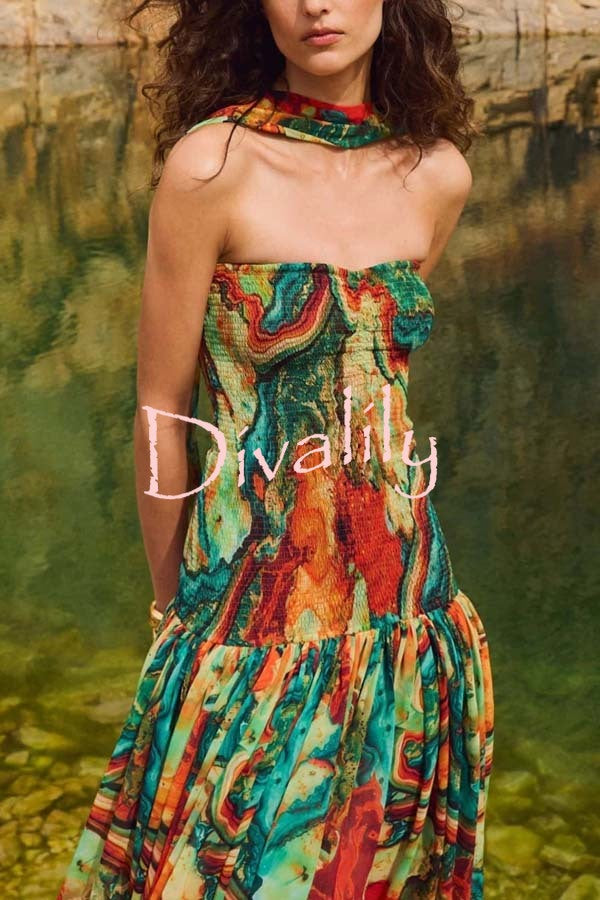 Vacay Vibes Colorful Lava Print Off Shoulder Smocked Scarf Maxi Dress