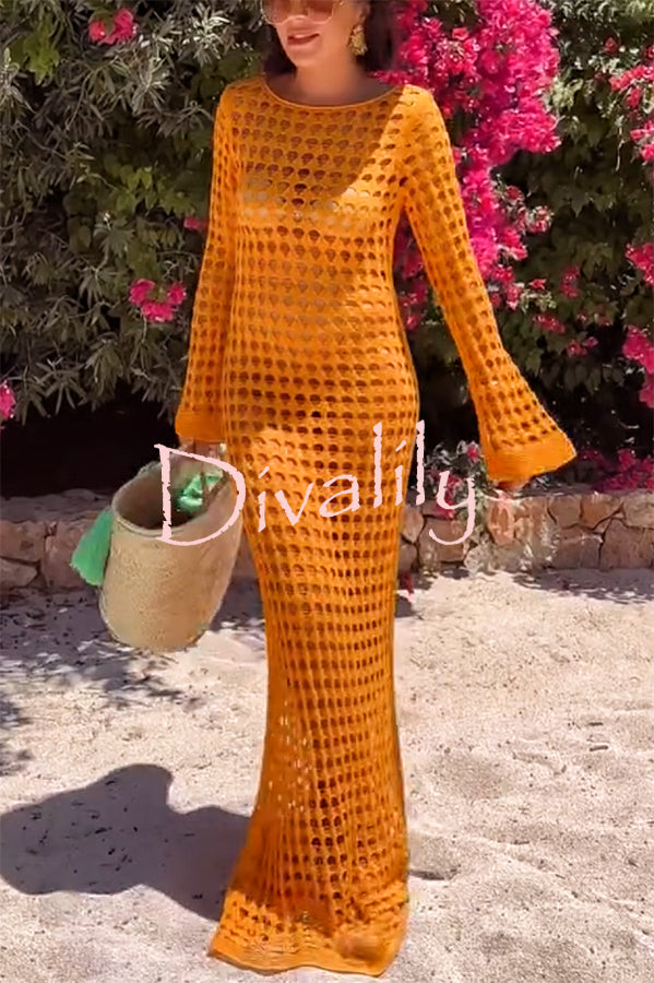 Sunny Beachside Crochet Knit Hollow Out Long Sleeve Cover-up Maxi Dress