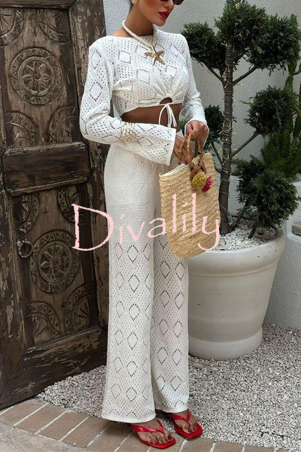 Solid Color Hollow Short Long-sleeved Top and Casual Stretch Wide-leg Pants Knitted Set