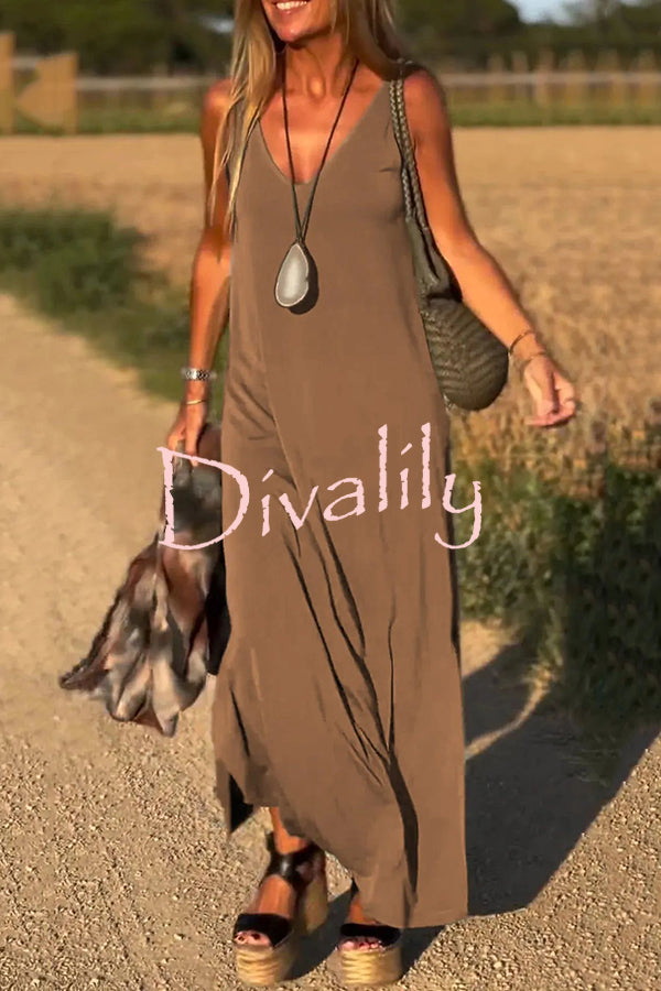 Solid Color V-neck Sleeveless Casual Loose Maxi Dress