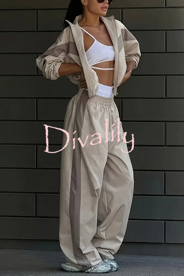 Fashionable Contrasting Long-sleeved Loose Coat and Elastic Waist Wide-leg Pants Set