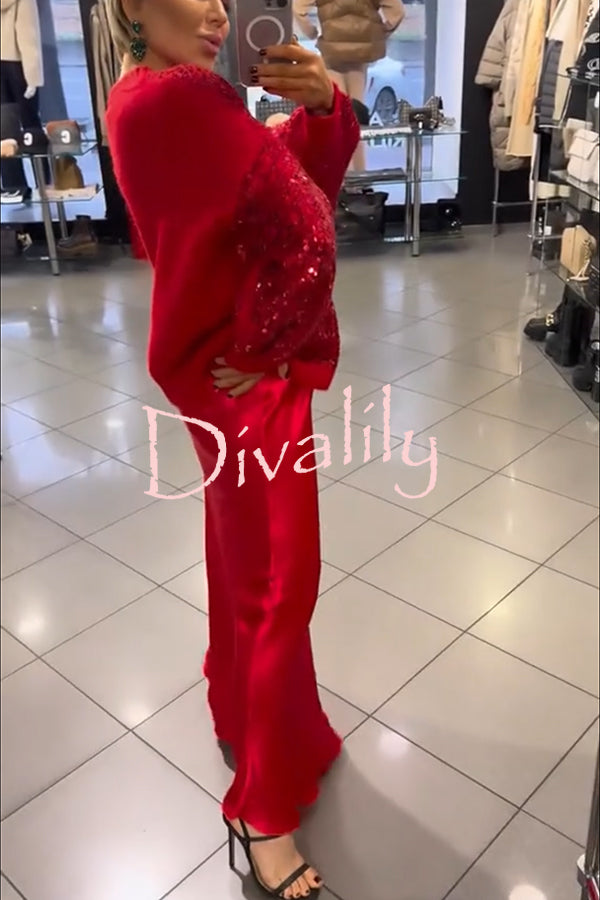 Celebration Day Sequin Patchwork Loose Sweatshirt and Satin Elastic Waist Maxi Skirt Set