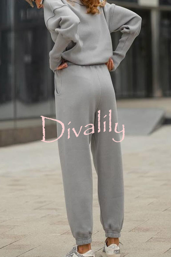 Solid Color Long-sleeved Zip-up Sweatshirt and Elastic Waist Loose Pocket Pants Set