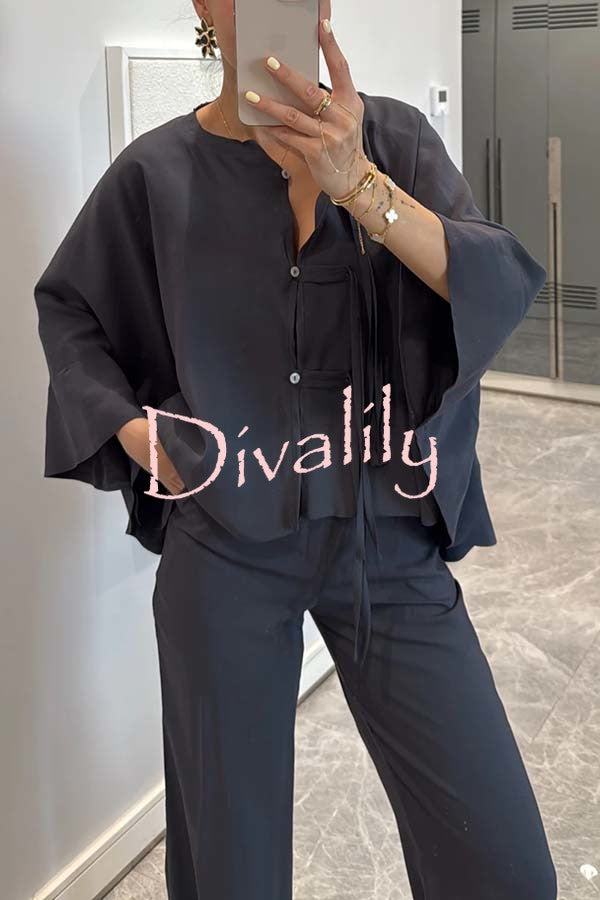 Ellie Tie-button Batwing Sleeve Loose Top and High Rise Pocket  Wide Leg Pants Set