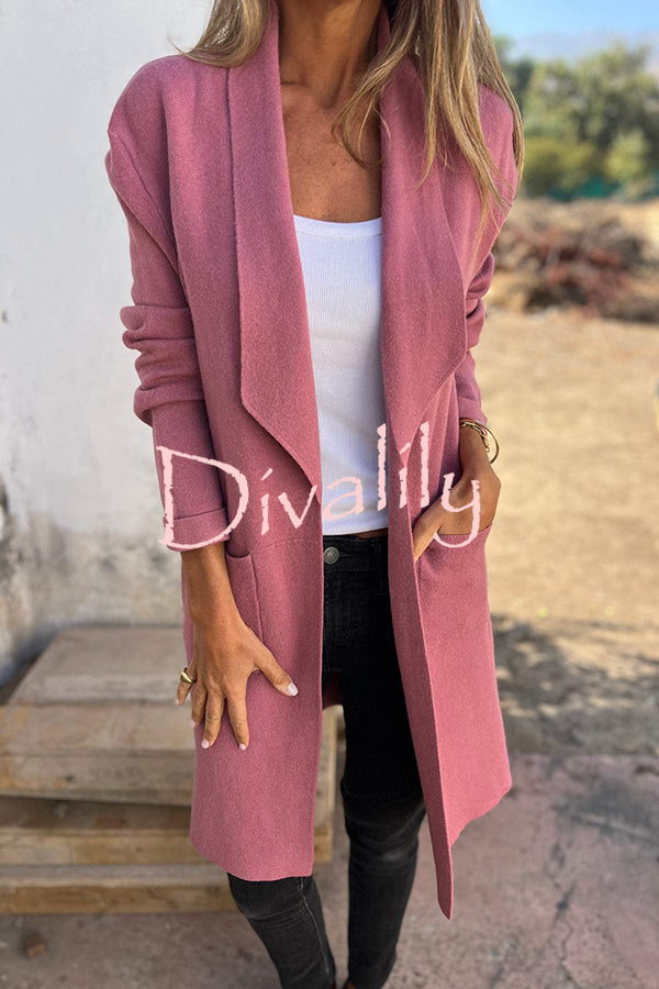 Warmth on Stylish Lapel Mid-length Pocket Knit Cardigan Coat