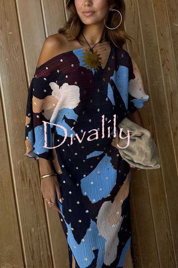 Mara Pleated Fabric Metallic Speckled Color Block Print One Shoulder Maxi Dress