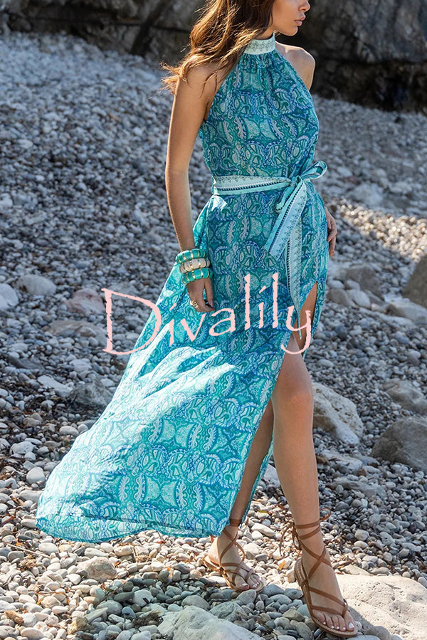 Unique Print Sexy Off-the-shoulder Waist Tie Slit Holiday Midi Dresses