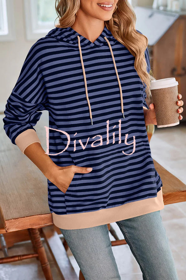 Striped Print Long Sleeve Pocket Loose Hoodie