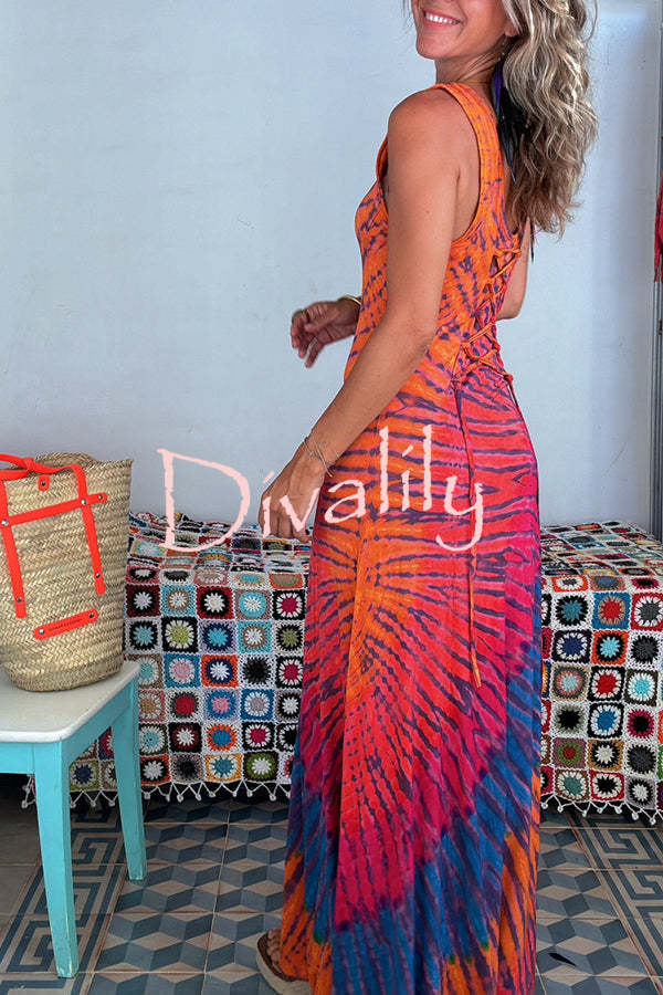 Nahuel Tie-dye Print Back Lace-up Fishtail Hem Stretch Maxi Dress