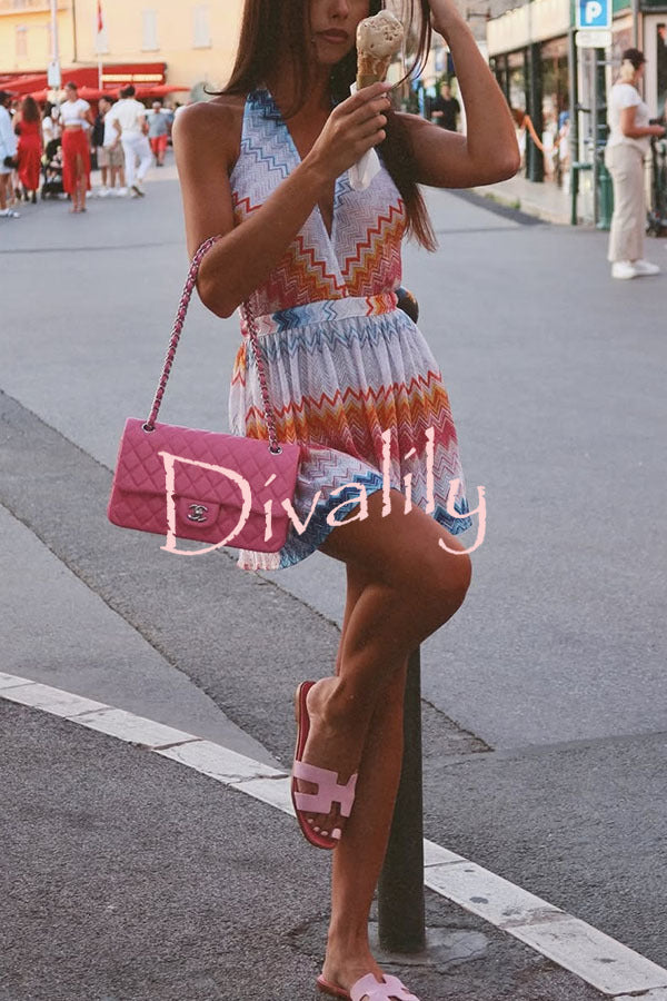 Eleanor Knit Colorful Zigzag Pattern Halter V-neck Tie-up Loose Romper