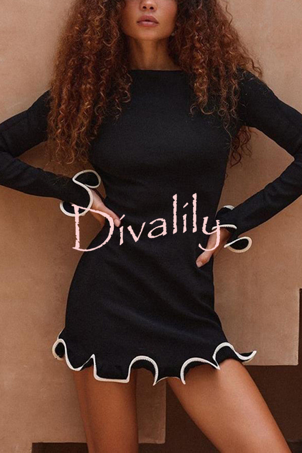 Fashionable Rolled Hem Round Neck Long Sleeve Slim Fit Mini Dress