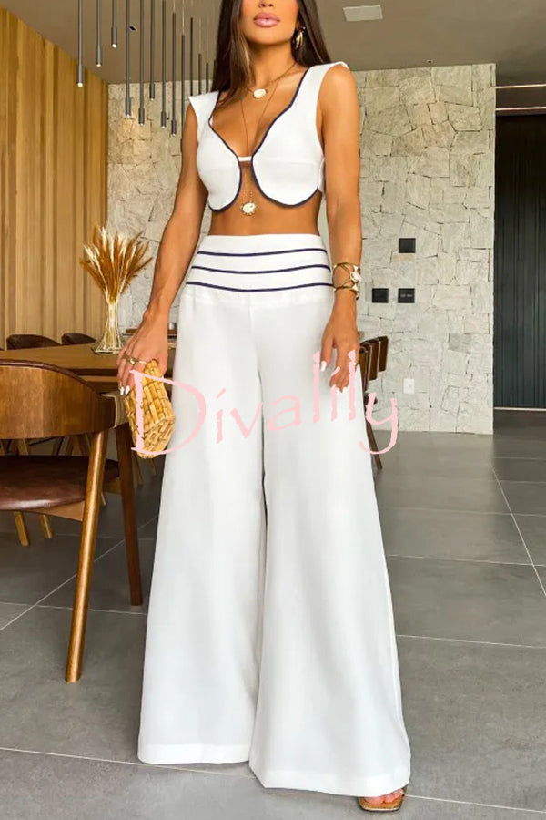 Solid Color Sexy V-neck Sleeveless Top and High-waisted Loose Pants Set