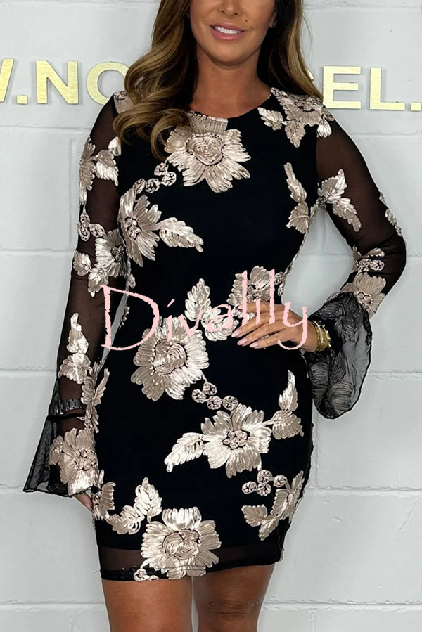 Embroidered Floral Crewneck Long Sleeve Fitted Mini Dress