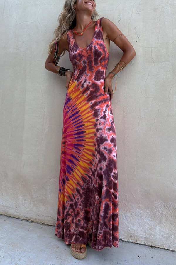 Boho Happiness Tie-dye Print Back Lace-up Stretch Maxi Dress