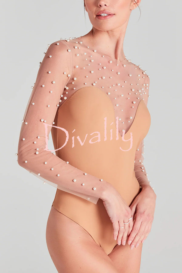 Romantic and Versatile Pearl Mesh Stitching Lycra Long Sleeve Stretch Bodysuit