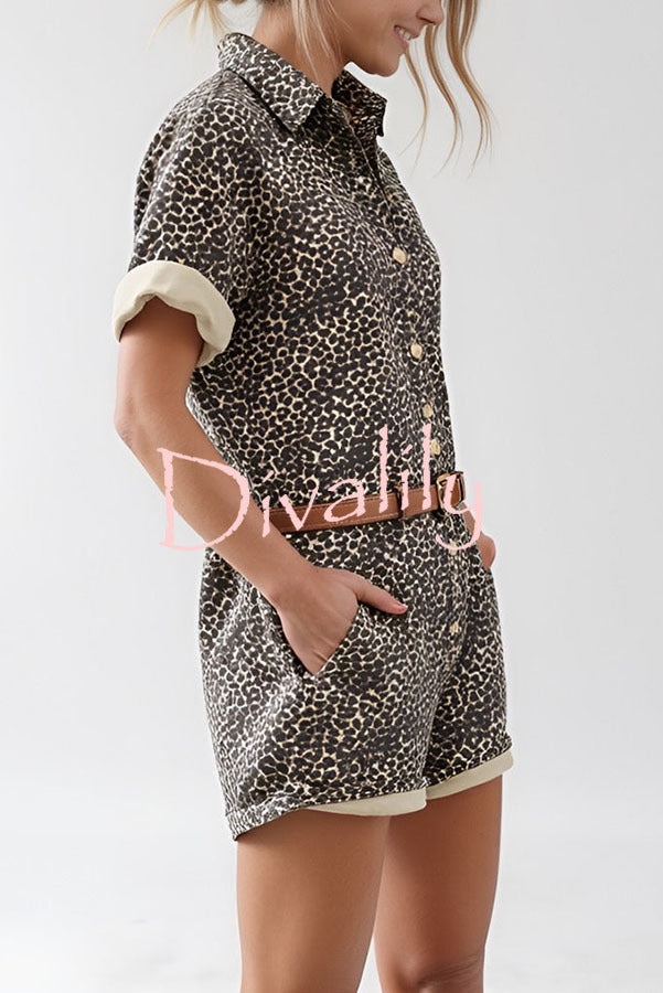 Comfort Meets Style Leopard Print Button Up Pocket Loose Shirt Romper