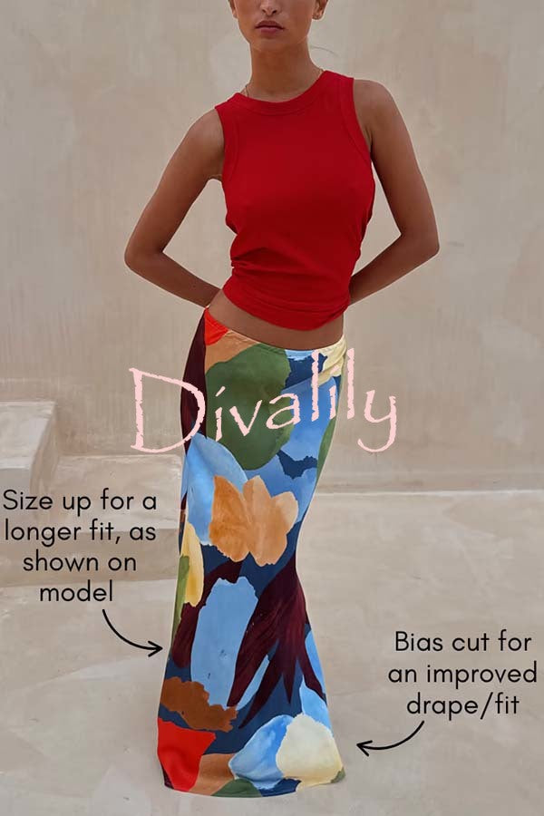 Bright and Bold Satin Abstract Color Blocks Print Elastic Waist Drape Maxi Skirt