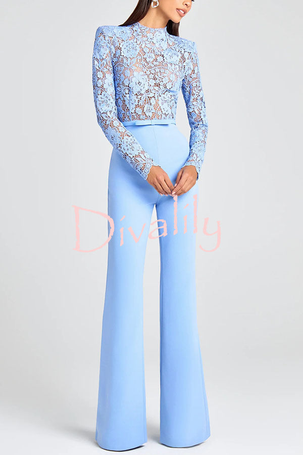 Party Charmer Flower Lace Patchwork Long Sleeve Bow Belted Flare Jumpsuit