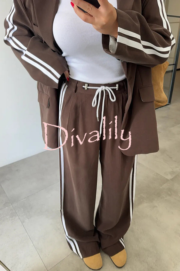 Levvie Striped Trim Long Sleeve Lapel Blazer and Rope Belt Pocketed Wide Leg Pants Set