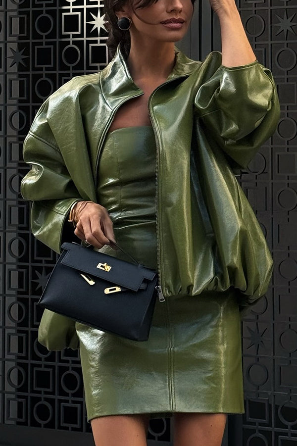 Solid Color Loose Long Sleeve Pocket Casual Leather Jacket