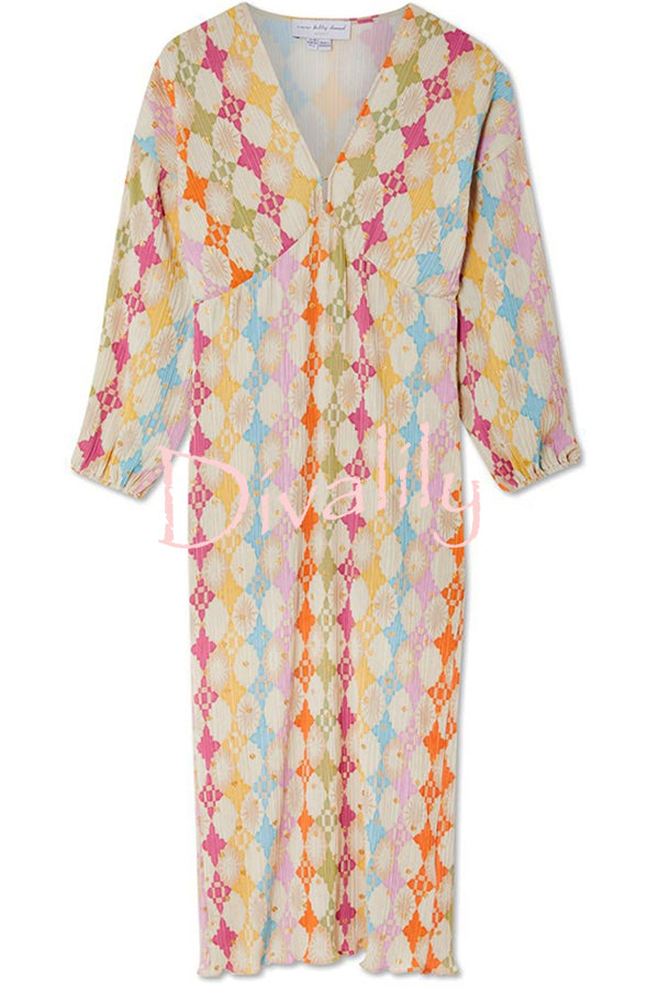 Gorgeous Sunshine Colorful Unique Print Kimono Puff Sleeve Midi Dress