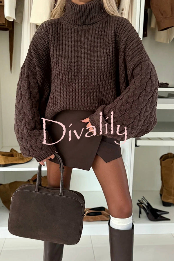 Stylish and Comfortable Ribbed Knit Turtleneck Cable Sleeve Loose Sweater