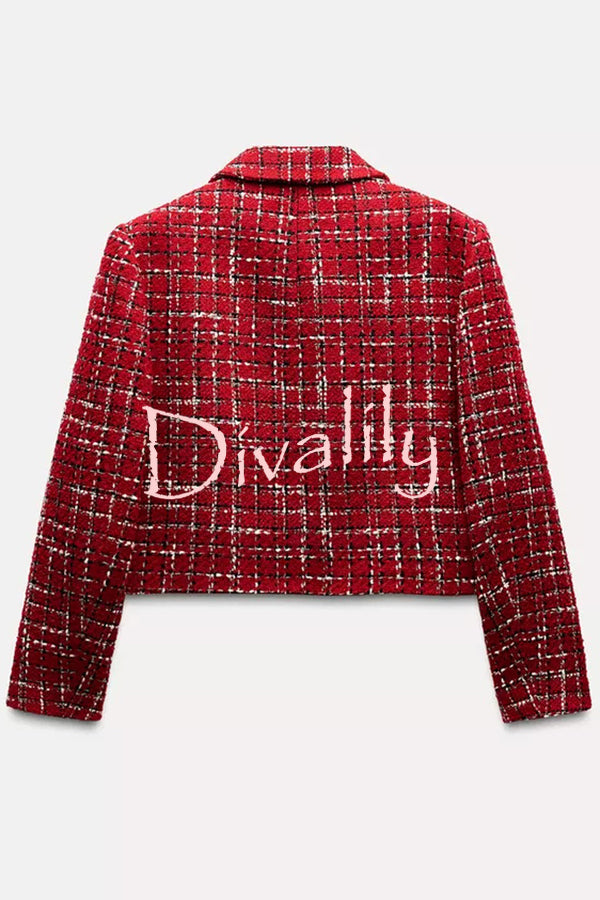 Tweed Plaid Textured Long-sleeved Casual Pocket Jacket