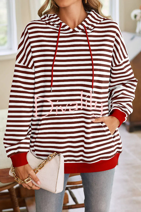 Striped Print Long Sleeve Pocket Loose Hoodie