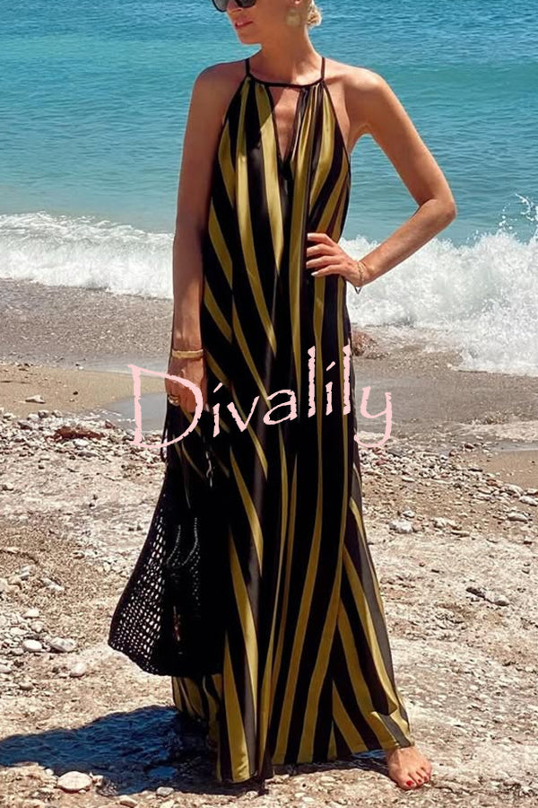 Striped Print V-Neck Loose Beach Vacation Maxi Dress