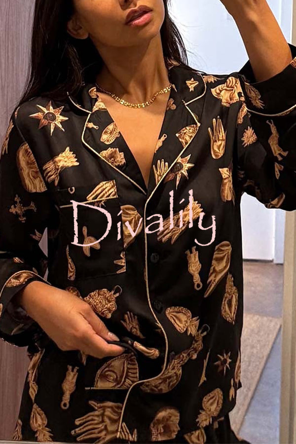 Golden Night Unique Print Color-block Trim Loose Shirt and Elastic Waist Pocketed Pajama Set