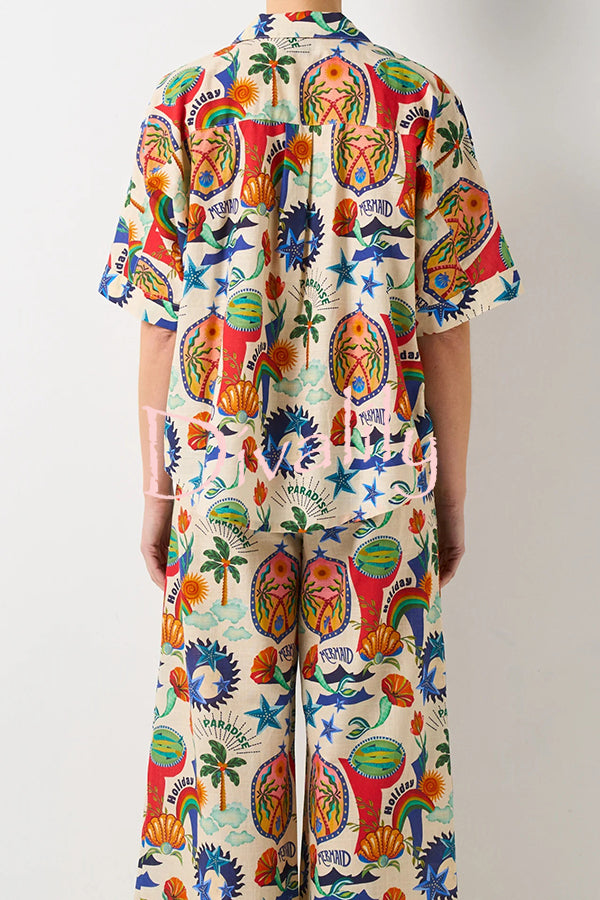 Linen Blend Unique Print Loose Short Sleeve Shirt and Elastic Waist Tie Pocket Pants Set