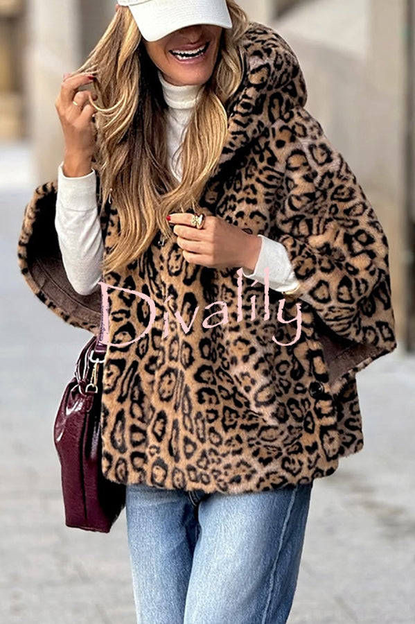 Taylor Plush Fabric Leopard Print Zipper Pocketed Cape Hooded Coat