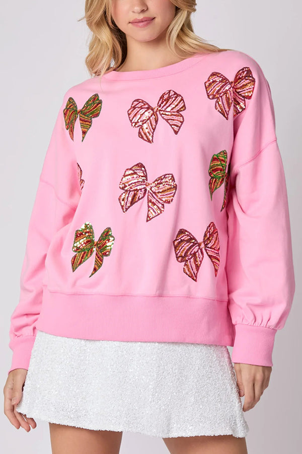 Christmas Bow Sequin Loose Casual Long Sleeve Sweatshirt