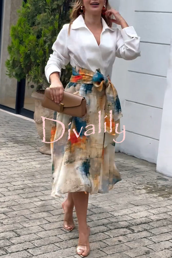 Jiles Linen Blend Unique Contrast Print Long Sleeve Tie-up Pocket Shirt Midi Dress