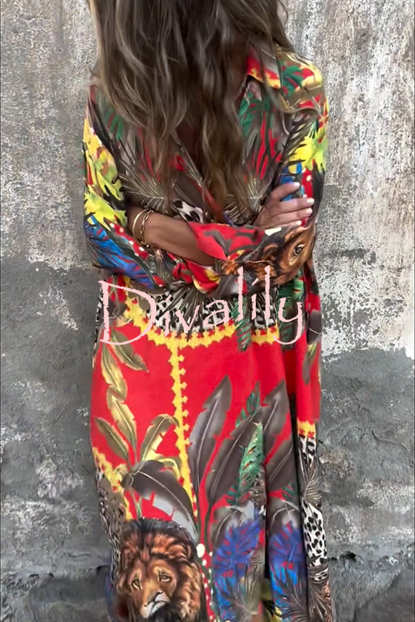 Jungle Miracle Animal Unique Print Button Long Sleeve Midi Relaxed Blouse