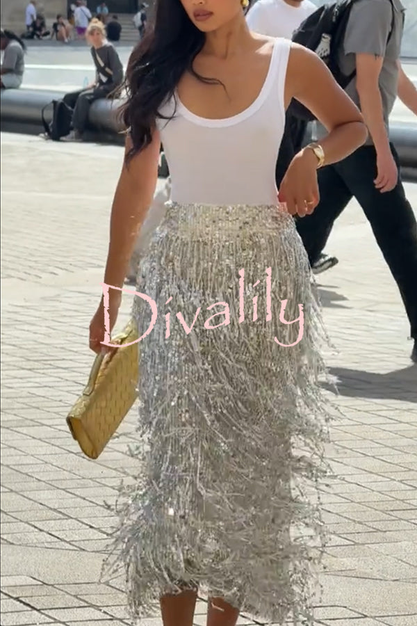 Evening Charm Layered Sequined Tassels High Rise Back Zipper Slit Midi Skirt