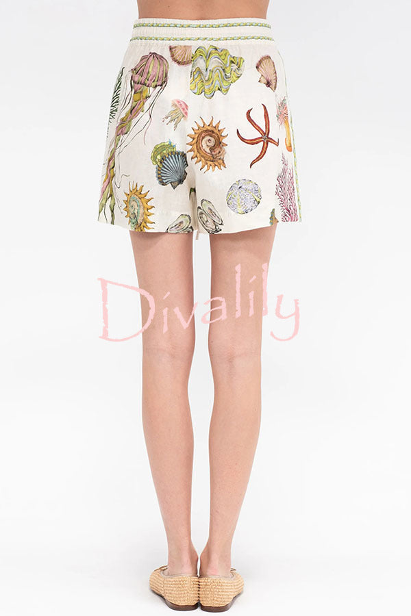Beach Shell Print Short Sleeve Loose Shirt and Elastic Waist Tie Casual Pocket Shorts Set