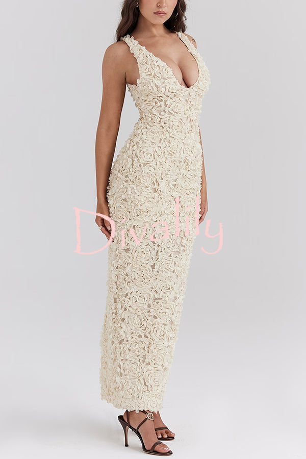 Three-dimensional Flower Sexy V-neck Slim Maxi Dress