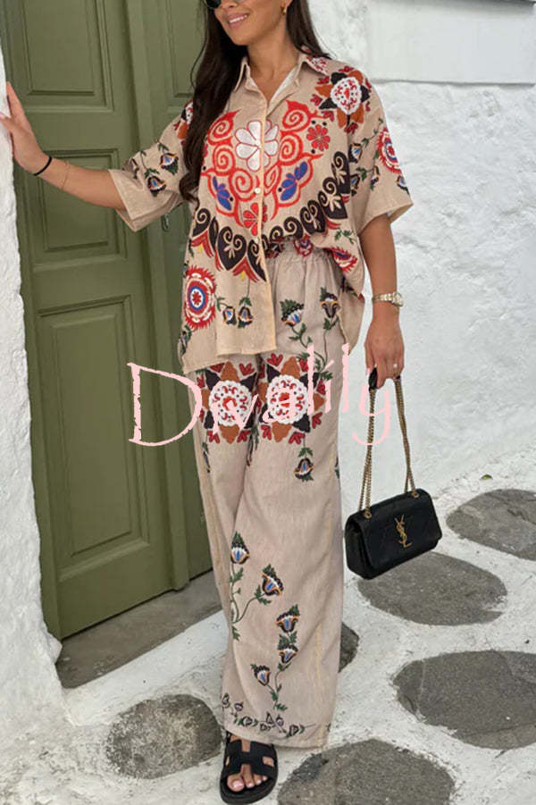 Fiji Ethnic Unique Printed Casual Shirt and Elastic Waist Wide Leg Pants Set